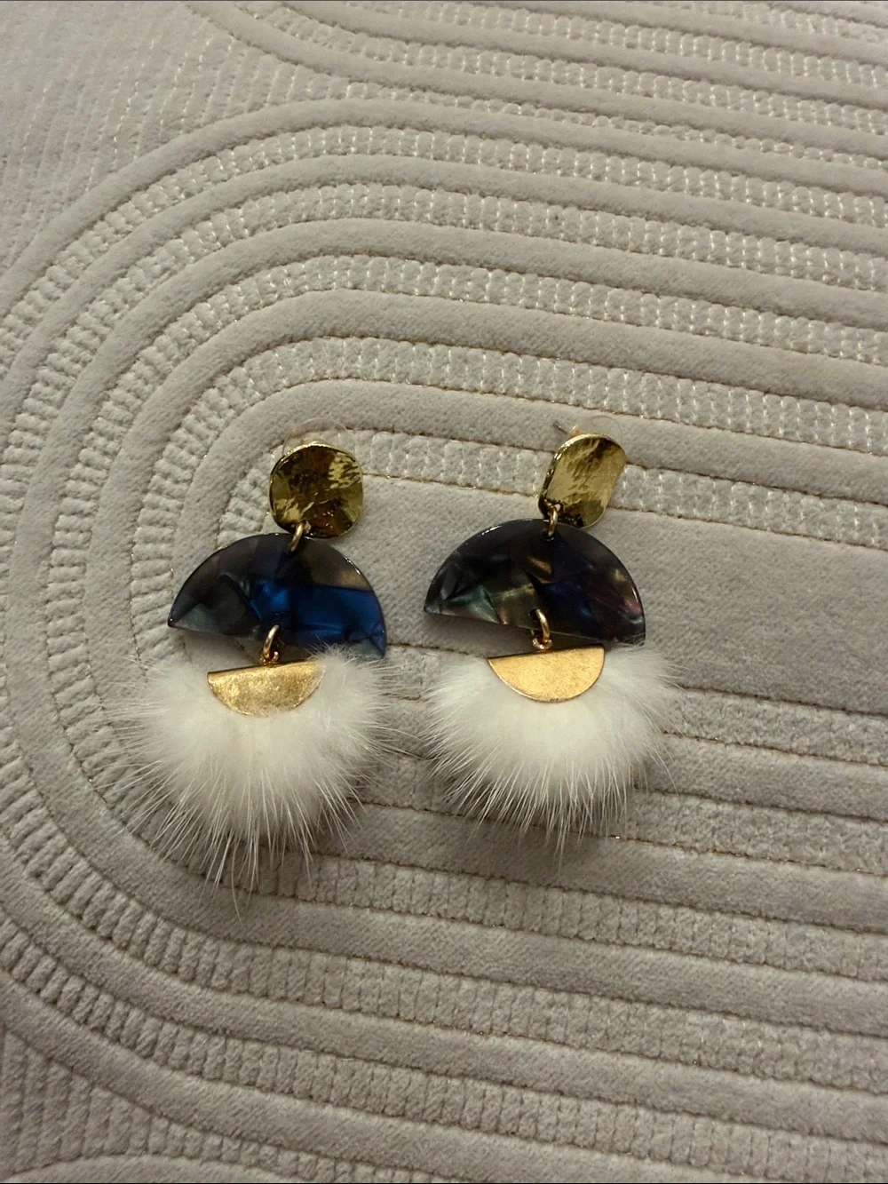 Gold & Blue Statement Drop Earrings with White Fur Pom